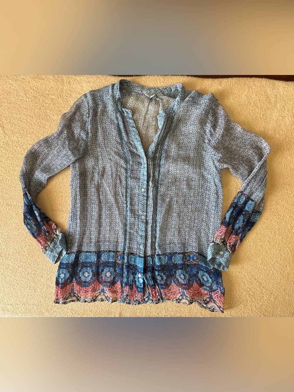Lucky Brand Light Blue Printed Button-Front Blouse with Multi-Color Hem